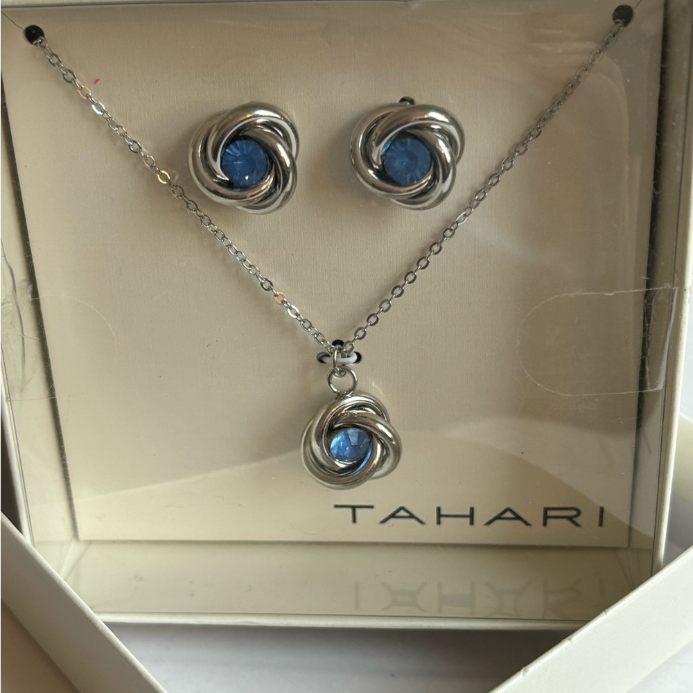 Tahari earrings and necklace set/ silver tone/ blue stones/ New in box
